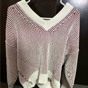 aerie Cream and Burgundy Striped V-Neck Sweater